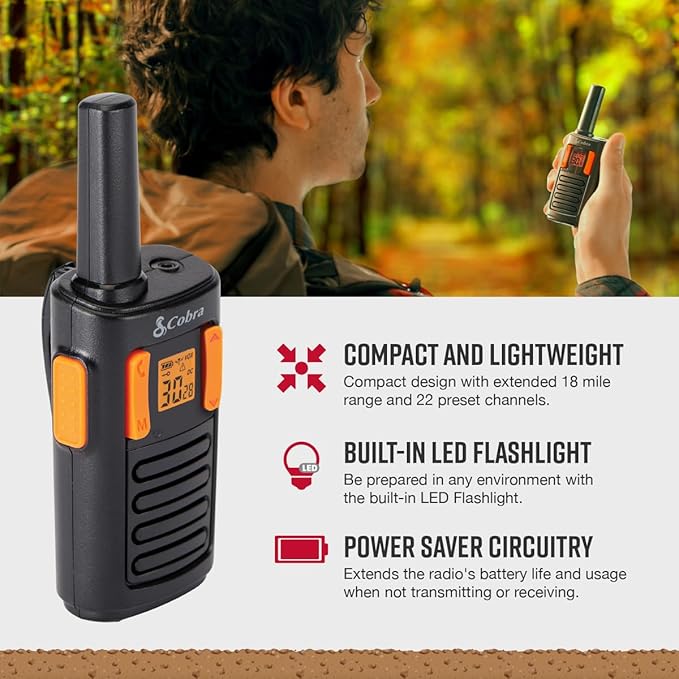 Cobra RX180 Walkie Talkies (2-Pack) – Lightweight, Easy-to-Use Compact Two Way Radios Long Range, 22 Preset Channels, NOAA Weather Alerts, VOX Feature, LED Flashlight (Orange/Black)