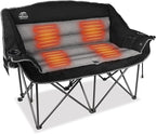 Heated Double Camping Chairs,3 Heat Levels Padded Portable Loveseat w/Wine Glass Holder,Cup Holder,Heating Outdoor Camp Couch Support 600 Lbs,Black,Battery NOT Included