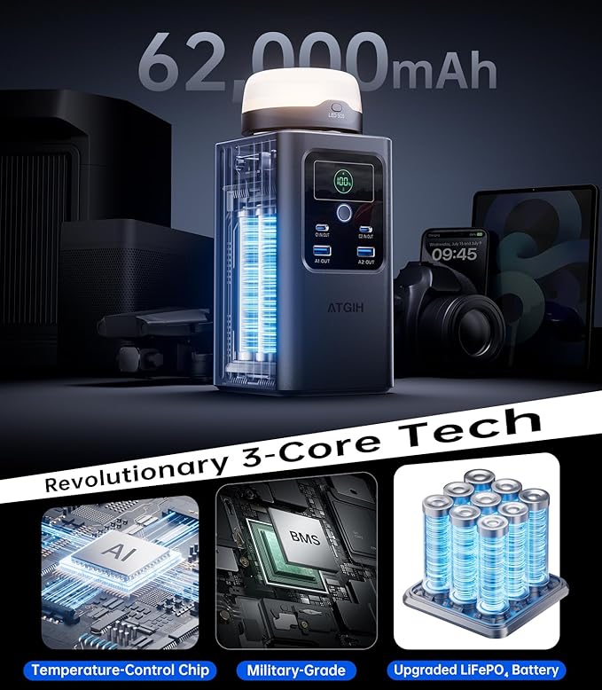 Camping Portable Power Station 198.4Wh (62000mAh), [Top Safety] 100W Fast Charging Power Bank with LiFePO4 Battery, Small Generator with Detachable Light for Travel Home Backup Outdoor Emergency