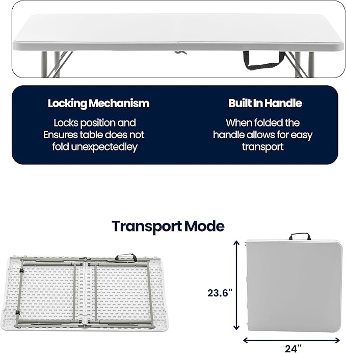BTEXPERT Fold-in-Half Plastic 4ft Folding Utility Table Lightweight Adjustable Height Portable Carrying Handle Indoor Outdoor for Picnic Camping Office Home Party Wedding Easy to Clean Store White