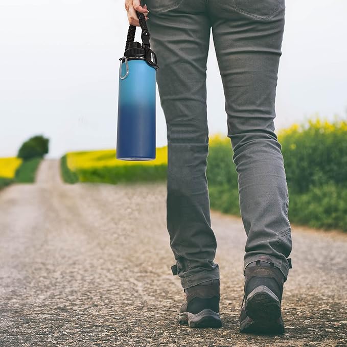 Volhoply Insulated Water Bottles Bulk 2 Pack, 40 oz Stainless Steel Sports Bottle with Paracord Handle & Spout Lid,Metal Water Cups with Wide Mouth,Reusable Water jug for Adults(Green Pink,2 Set)