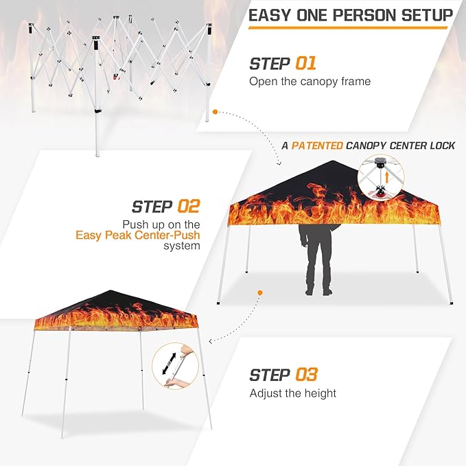 EAGLE PEAK 10x10 Slant Leg Pop-up Canopy Tent Easy One Person Setup Instant Outdoor Beach Canopy Folding Portable Sports Shelter 10x10 Base 8x8 Top (Flame)