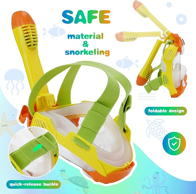 Full Face Snorkel Mask for Kids 4-16, 180 Degree Panoramic View Snorkeling Set Anti-Fog Anti-Leak, Foldable Dry Top Snorkeling Gear for Kids