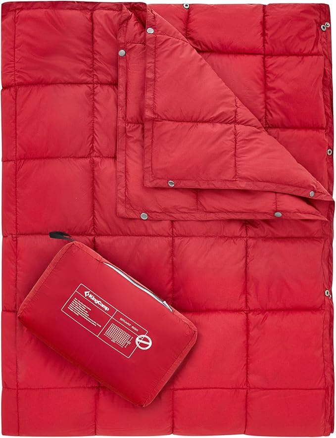 KingCamp Ultralight Camping Blanket, Packable Down Alternative Puffy Wearable Blankets Weatherproof Warm Package Quilt with Snap Buttons for Outdoor Hiking Travel Picnic Stadium (69"L x 53"W, CRIMSON)