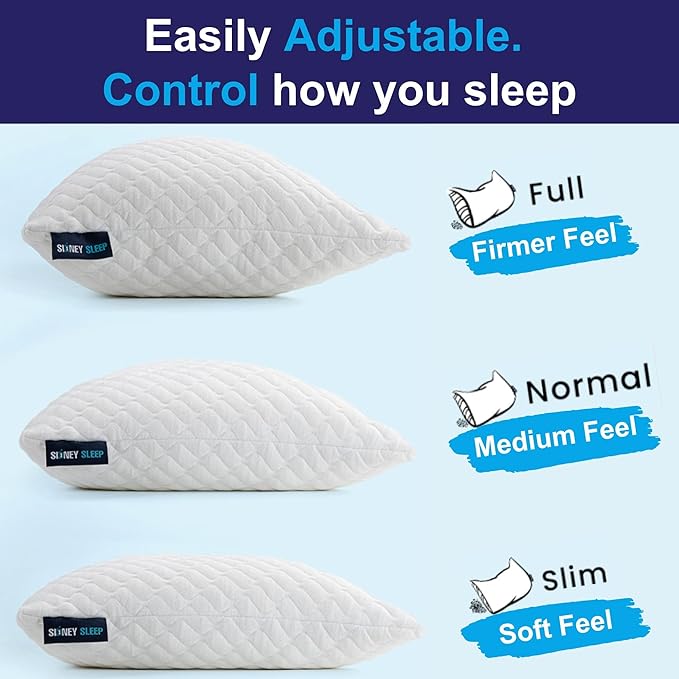 Sidney Sleep Set of 2 Queen Size Bed Pillows for Side and Back Sleepers - Adjustable Filling - Memory Foam Pillows for Neck and Shoulder Pain - Customizable Loft - Extra Foam Included (Blue)