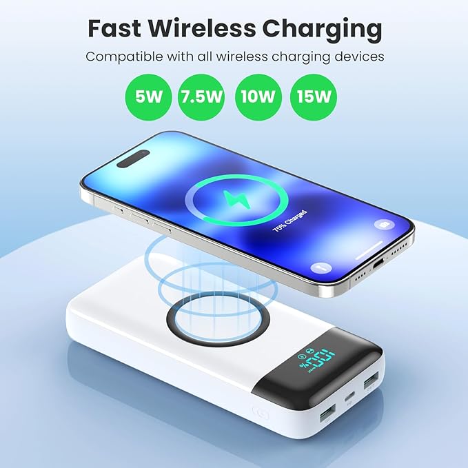 Wireless Portable Charger 40800mAh with 3 Built-in Cables,7-in-1 15W Wireless Charging Power Bank,25W PD QC 4.0 Fast Charging USB C LCD Display Battery Pack for iPhone 16/15/13,Samsung,Android-White