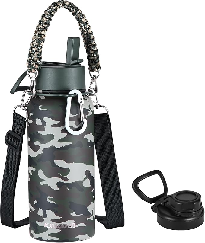 KXIAOCHEN Insulated Water Bottle, Stainless Steel Water Bottle, 2 Lids (Straw and Handle Lid),Wide Mouth Metal Water Bottles Keep Hot and Cold, Double Walled, Thermo Mug, Metal Canteen