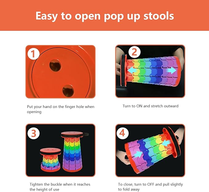 Portable Collapsible Stool, Adjustable Height Folding Seat for Adults and Kids, Lightweight Retractable Telescoping Stool for Camping, Travel, Fishing, Outdoor & Indoor Use (Rainbow Orange)