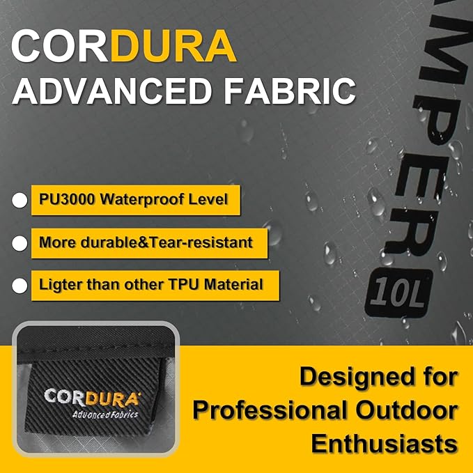 Waterproof Dry Bag with Survival Whistle-Enhanced Tear-resistant CORDURA Fabric-Lightweight Storage Sack for High-Intensity Adventures-Float on Water-Keep Luggage Dry&Organized(10L/Grey)