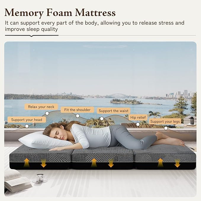 Tri Folding Mattress Twin Size - Memory Foam Tri-fold Mattress, Handle & Non-Slip Bottom, Portable Foldable Sofa Bed Floor Chair for Travel RV Camping Guest Yoga - 6 Inch, 75"x38"x6"