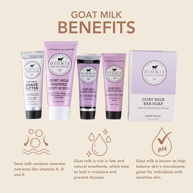 Dionis Goat Milk Lavender Blossom Hand Cream, Body Lotion, Whipped Body Scrub, Shave Butter, Bar Soap 3 oz & Carrying Case 6-Piece Travel Set