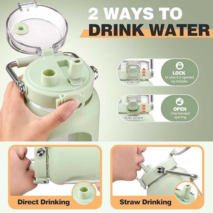 BLUEGO 64oz Water Bottle Glass with Stainless Steel Handle Large Water Bottle with Time Markers and Silicone Sleeve Half Gallon Water Jug BPA Free for Gym Daily Use, Light Green