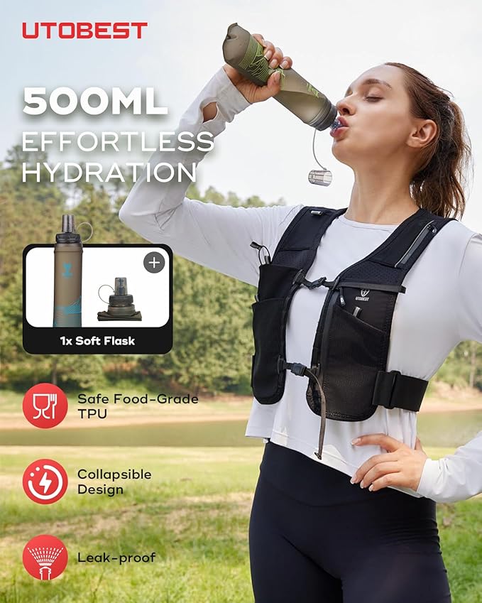 UTOBEST Running Vest for Women Men with 500ml/17oz Soft Water Bottle and LED Safety Light, 5L Phone Holder with Adjustable Belt & Ample Storage