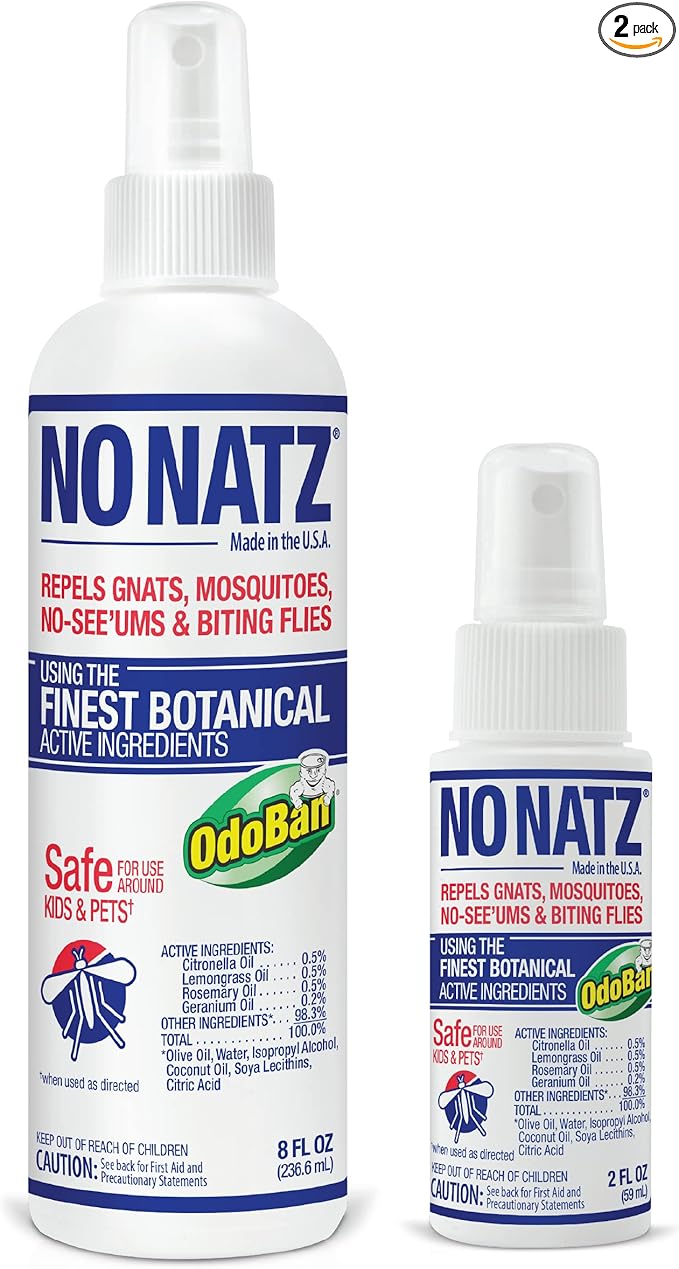 No Natz Botanical Bug Repellent, Effective for Gnat, Mosquito, and Biting Flies, Hand-Crafted and DEET-Free, Non-Greasy Formula, 8 Ounce and 2 Ounce Spray Bottle, 2-Pack