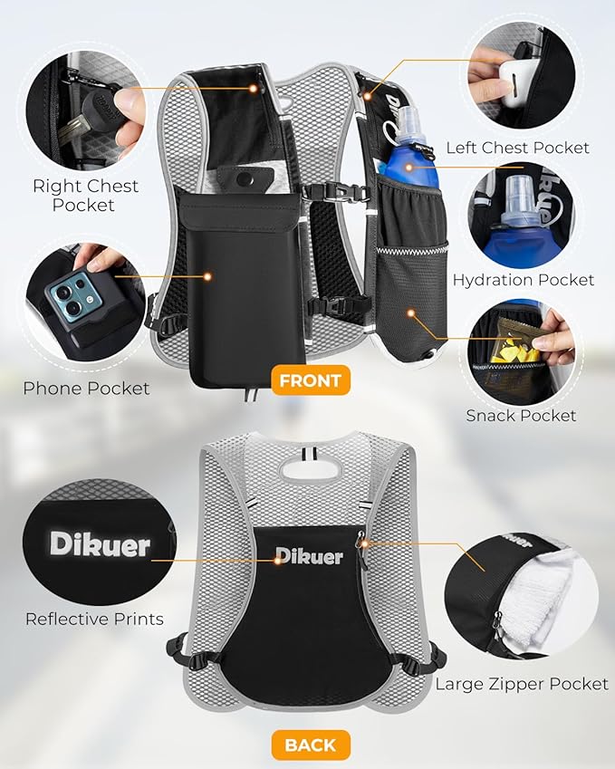 Running Vest for Women Men, Lightweight Hydration Runner Vest with Transparent Waterproof Phone Pocket, 17oz Soft Flask, Adjustable Chest Straps Reflective Backpack for Hiking Cycling Jogging