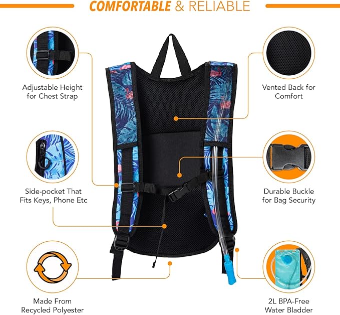 Vibe Festival Gear Hydration Pack Backpack with 2L Water Bladder for Women, Men, Teens, Kids - Hydropack Hydro Sports, Outdoor, Running, Camping, Hiking, Festivals, Raves