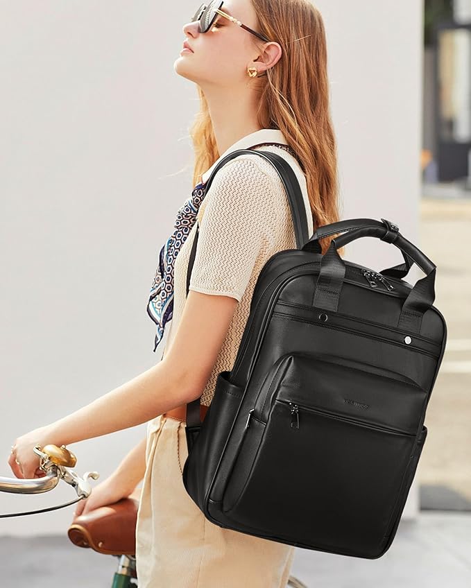 MASINTOR Leather Laptop Backpack for Women, Stylish Computer Backpack College Business Work Shoulder Bags Work and Travel Black