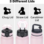 Oldley Insulated Water Bottle 20oz Water Bottles with Straw, Stainless Steel Water Bottle with 3 Lids, Double Wall Vacuum Bottles for Adult Kids, Sports Bottles for School Travel, Pink