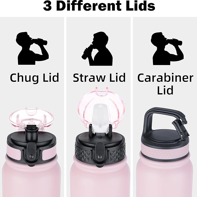 Oldley Insulated Water Bottle 20oz Water Bottles with Straw, Stainless Steel Water Bottle with 3 Lids, Double Wall Vacuum Bottles for Adult Kids, Sports Bottles for School Travel, Light Pink-Blue