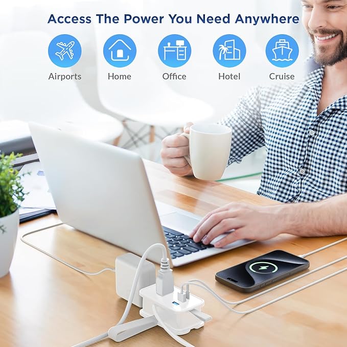 Travel Charger for Multiple Devices, Flat Plug Power Strip 3ft Adapter Extension Cord, 3 AC Outlets, 2 USB & 1 Fast Charging USB-C, No Surge Cruise Approved, Portable Power Strip