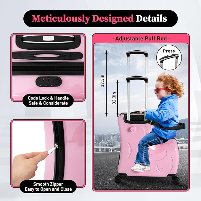 20" Ride-On Travel Suitcase for Kids, Toddler Carry on Luggage with Wheels, Children Travel Rolling Trolly Luggage with Password Lock, Children's Ride On (Pink)