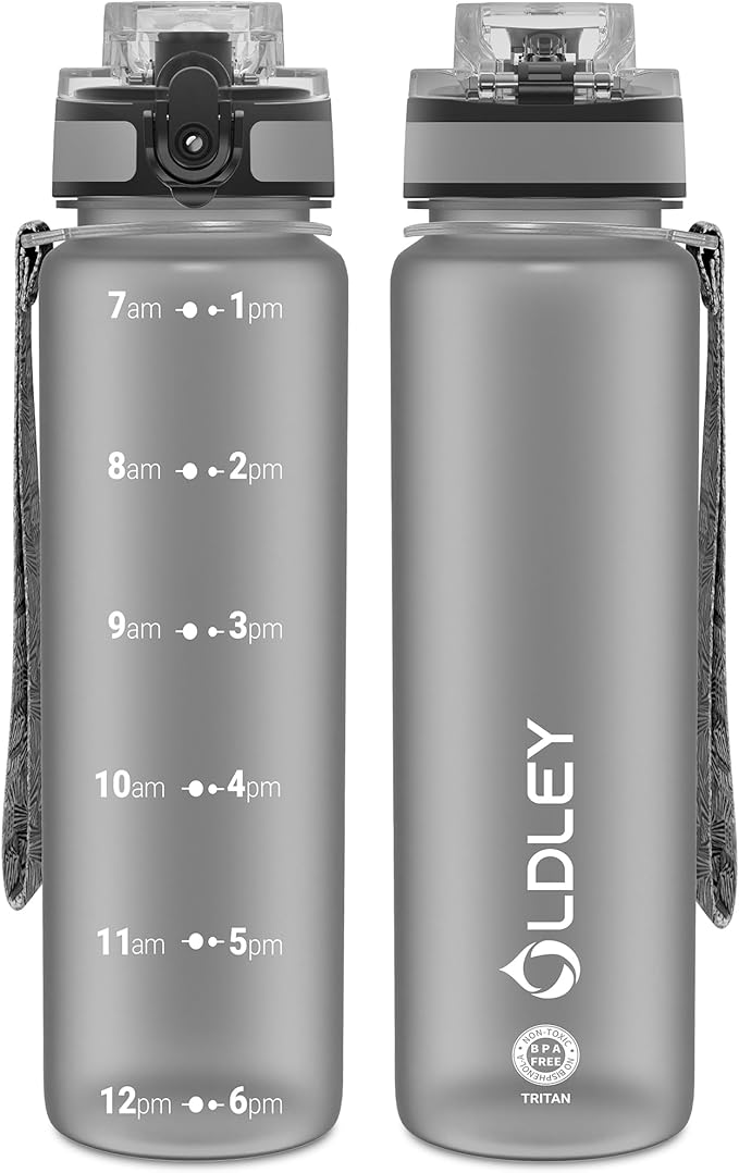 OLDLEY 32 oz Water Bottle, Motivational Water Bottle with Time Marker, Sports Water Bottle With Strap, Leakproof & BPA Free Large Water Bottles for School, Gym, Travel, Outdoor, Tritan,Gray