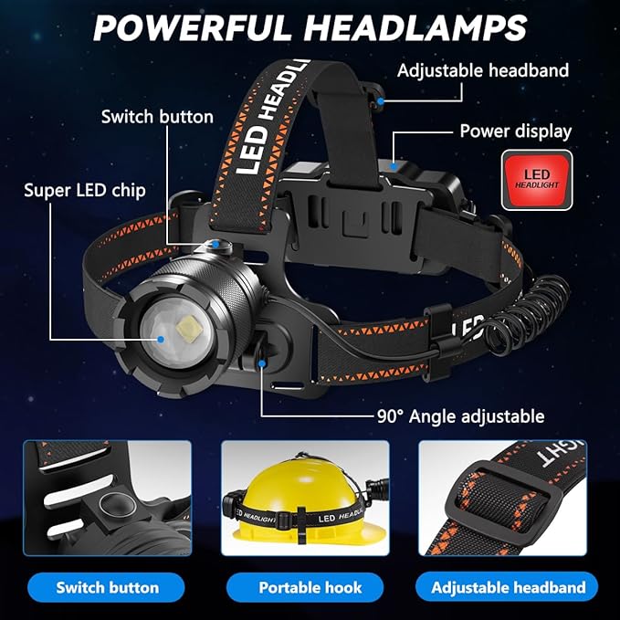 KYEKIO 3Pack Rechargeable Headlamps for Adults, 9900L Super Bright Head Lamps LED Rechargeable, 4Mode Head Lights for Forehead Hard Hat, Adjustable Focus 90°Headlight, Waterproof LED Headlamp Camping