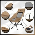 MOON LENCE High Back Folding Camping Chair, 330lbs Portable Compact Chair with Wide Seat & Ergonomic Back Support (Khaki)
