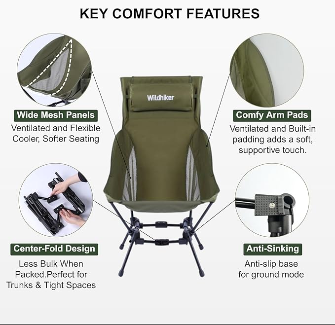 Wildhiker Portable High Back Folding Camping Chairs – Compact with Dual Sitting Modes, Pillow, Arm Pads and Side Pockets – Lightweight Chair for Motorcycle, RV, Festival, Travel – Green