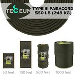 TECEUM 5/32" Paracord Rope 1000 – 1000ft / 200ft / 100ft / 50ft – Tactical Parachute Cord 4mm – 45+ Colors – Nylon String for Survival & Camping Gear – Stripe Cord for Survival – Utility Rope