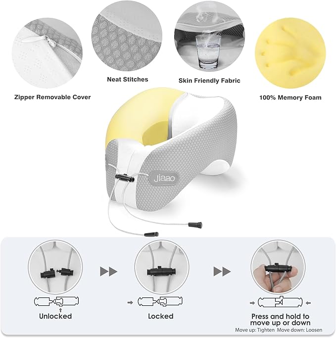 Neck Pillow Airplane, 2025 Upgraded Memory Foam Travel Pillow for International Flights, Adjustable Clasp, Storage Bag, Advanced Neck Support for Road Trips, Home, Office, and Gaming