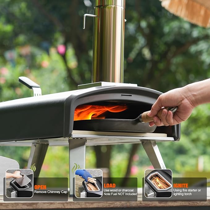 Outdoor Pizza Oven 12“ Wood Charcoal Fired Pizza Oven with Square Pizza Stone, Portable Pizza Stove for Outside Backyard Camping Picnics