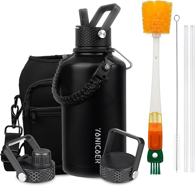 Insulated Water Bottle 64oz,Triple Wall Vacuum Stainless Steel(Dishwasher Safe),Leak Proof & Non-BPA,Flask Jug with Paracord Handle & Straw Spout Lids Sports Black