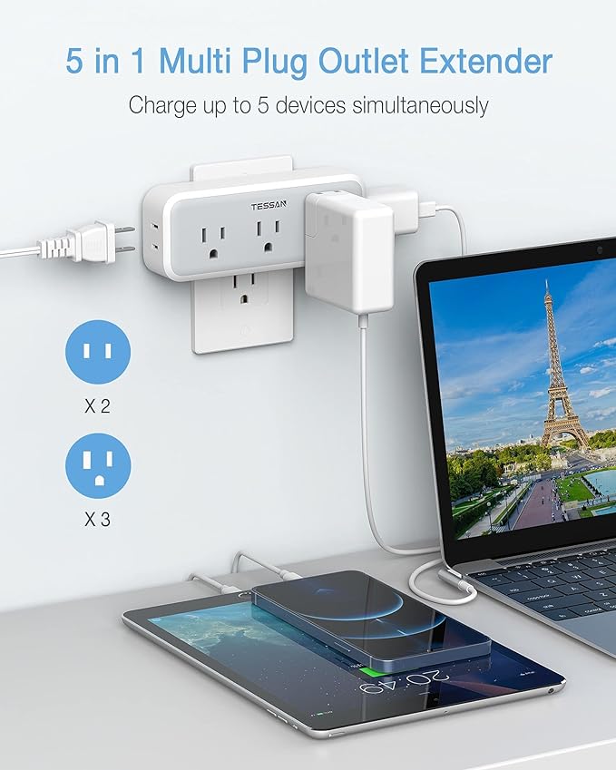 Multi Plug Outlet Extender, TESSAN Surge Protector Wall Plug Splitter with 5 Electrical Outlet Expander, Multiple Plug Adapter for Travel Home Office