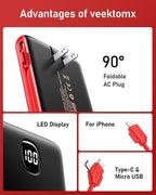 VEEKTOMX Portable Charger with Built in Cables 10000mAh, Power Bank for iPhone with AC Wall Plug, Fast Charging USB C Slim Battery Pack with LED Display Compatible with iPhone 17/16/15/14, Samsung