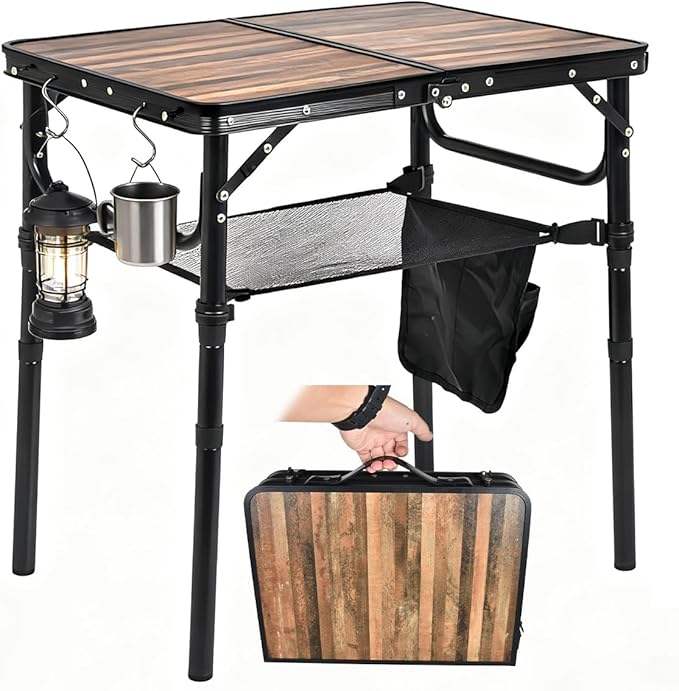 Small Folding Camping Table, 2ft Portable Picnic Table Aluminum 24" x 16" Folding Table, 3 Adjustable Heights Portable Lightweight Table Dining Table for RV, Picnic, Beach (Wood Grain)