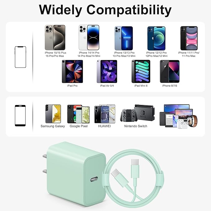 iPhone 17 16 15 Charger Fast Charging 6FT - 20W USB C Charger Block with 6FT Type C to C Cable Compatible with iPhone 17/17 Pro/17 Pro Max/Air/16/16e/15, iPad Pro, iPad Air (Green)