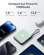 VRURC Portable Charger USB C, Power Bank with Built-in Cable, 10000mAh 20W Battery Pack for iPhone 16 15 14 Samsung Galaxy S23 S22 Google, Note 20, Pixel, Moto, LG Android Phone, Green(1 Pack)
