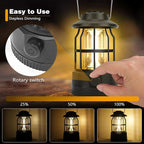 Camping Lantern Rechargeable USB Powered, Stepless Dimmer, Metal Retro Camping Light Waterproof Hanging LED Vintage Tent Lamp for Outdoor Hiking Fishing Emergency (Black)
