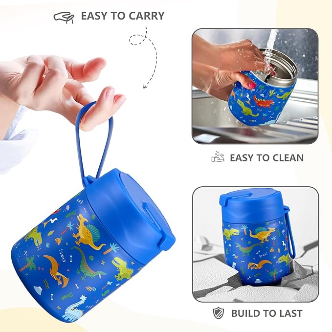 17oz Soup Thermo for Hot Food Kids Insulated Vacuum Food Jar with Stainless Steel Spoon Wide Mouth Thermo Leakproof Lunch Food Container Kids Hot Lunch Box (Blue-Dinasour)