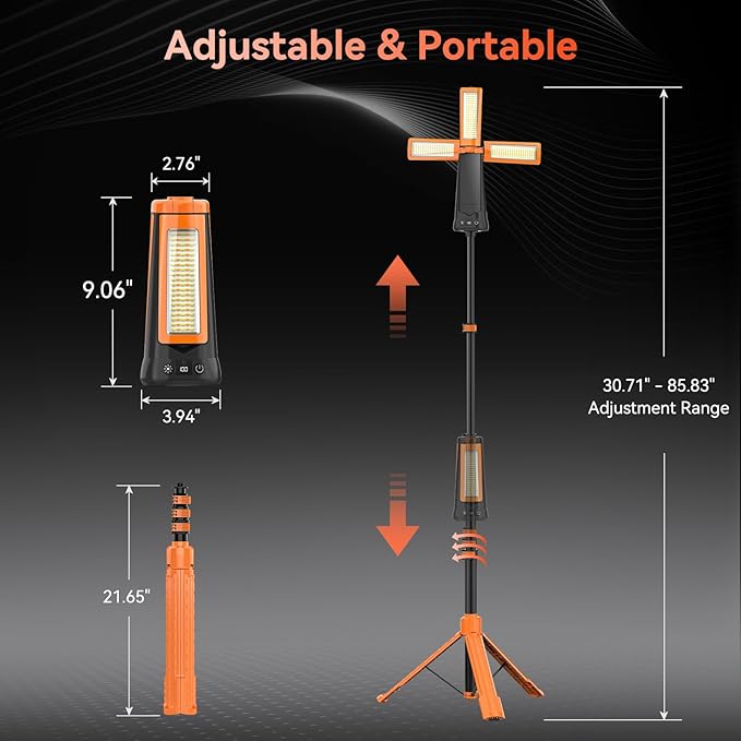 Rechargeable Camping Light with Stand, 15000 mAh Cordless Work Light with 3 LED Lamp Heads, 5500 Lumens Dimmable Camping Essentials Gear Emergency Flashlight with 86" Detachable Tripod, Orange
