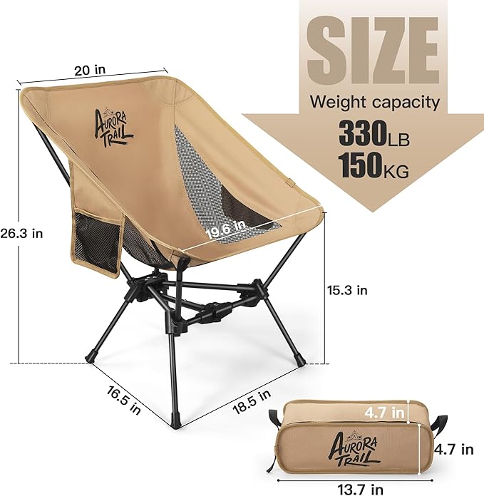 Ultralight Backpacking Chair,2.2lb Compact Folding Camping Chair,Supports 300lbs,Portable Travel & Hiking Chair,Lightweight Design,Perfect for Hiking Gear, Picnics and Traveling (Khaki)