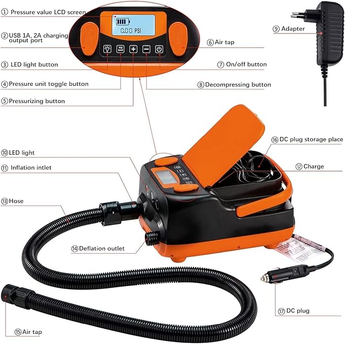 Rechargeable Sup Air Pump Electric Portable, 16PSI 12V with Battery, Stand Up Paddle Board Electric Pump Inflator/Deflator-Portable Air Compressor for Paddle Boards,Boat,Kayak