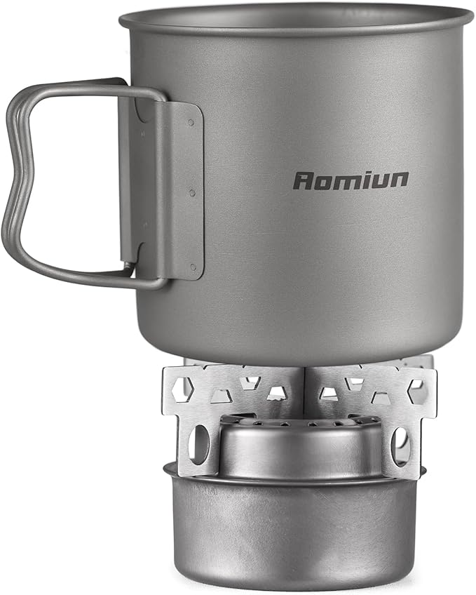 Titanium Camping Cookware 500ml Titanium Cup with Alcohol Stove, Cross Stand & Folding Spork, Lightweight Portable Outdoor Camping Cooking Utensil Set for Backpacking Hiking Traveling