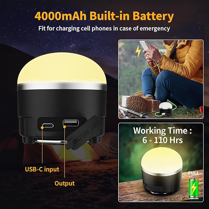 Rechargeable LED Camping Lantern 1000LM,Portable Tent Lights with RGB Color,IP65 Waterproof Camping Lights,Magnetic Base,4000mAH Emergency Hanging Light for Power Outages,Hiking,Tent,Outdoor,Home