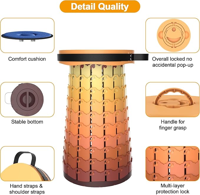 ALEVMOOM Upgraded XXL 19.7" Collapsible Stool, Heavy Duty Portable Folding Stool Max Load 1000 lbs, Retractable Telescoping Foldable Seat for Camping Fishing Hiking Travel BBQ