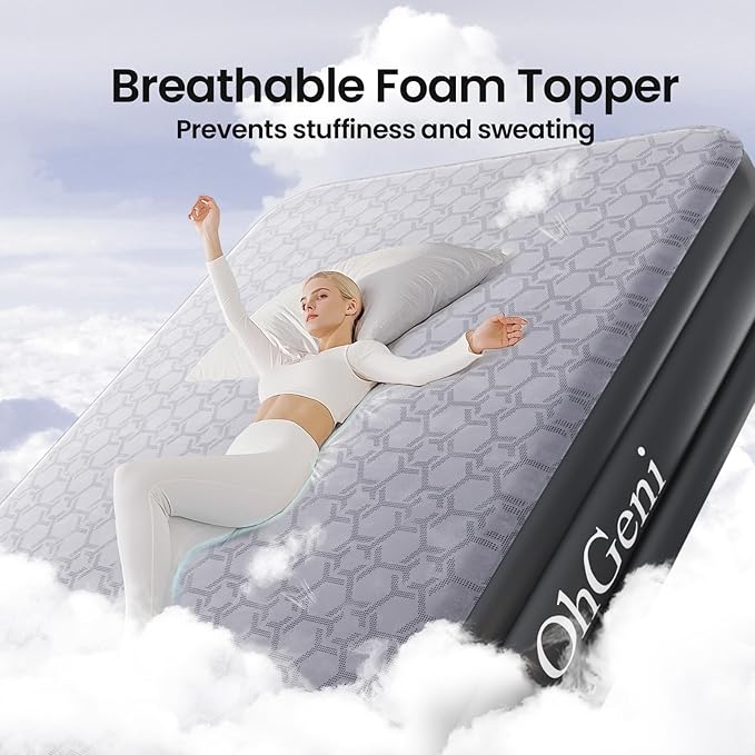 OhGeni 20" Luxury Queen Air Mattress with Built-in Pump, Inflatable Bed with Silk Foam Topper for Superior Comfort, Premium Blow-Up Mattress for Home, Camping & Guest, Easy Setup, Extra Support, Black