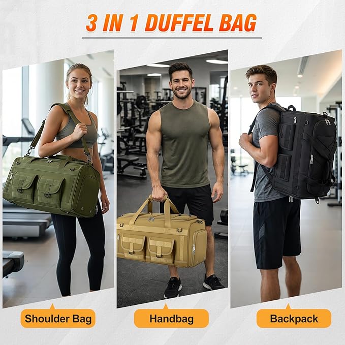 RAINSMORE 3 in 1 Gym Bag for Men, 45L Large Sports Duffle Bag with Shoe Compartment and Wet Pocket, Water-Resistant Tactical Backpack Carry On for Travel, Workout & Military Gear, Green