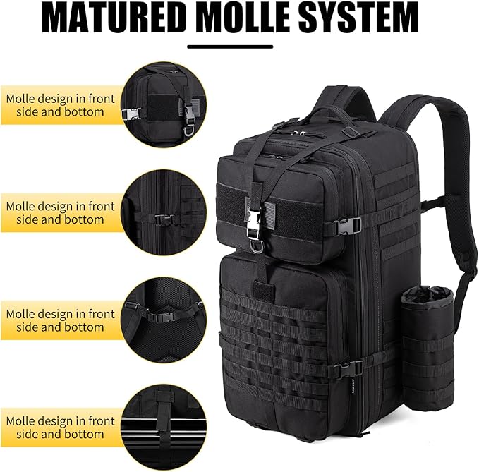 Tactical Backpack for Men, 50L/60L/70L Expandable Military tactical Backpack, Waterproof MOLLE Hiking & Camping Rucksack with Water Bottle Bag, Assault Pack & Bug Out Bag for Outdoor