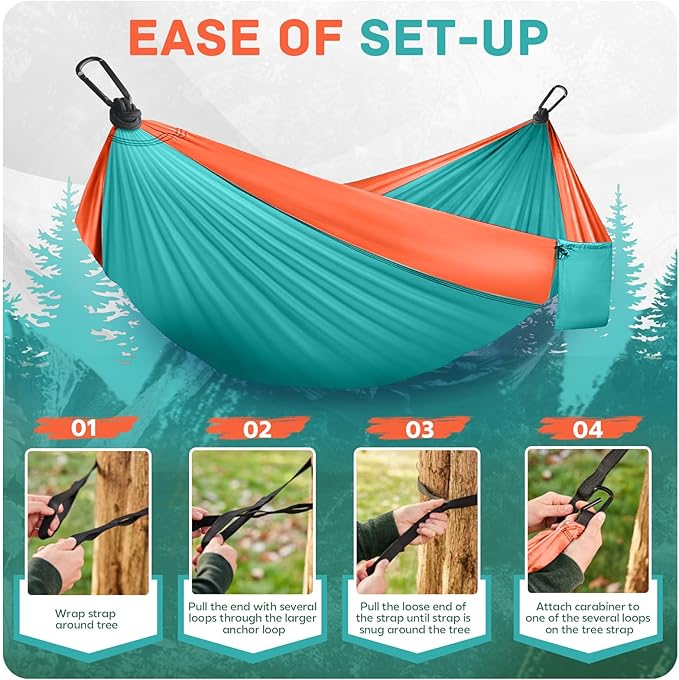 Camping Hammock Lightweight, Portable Hammocks Parachute Hammock with Two Tree Straps, Single or Double Travel Swing Nylon Camp Hammocks, Outdoor Essentials for Beach Backpacking Hiking, Orange